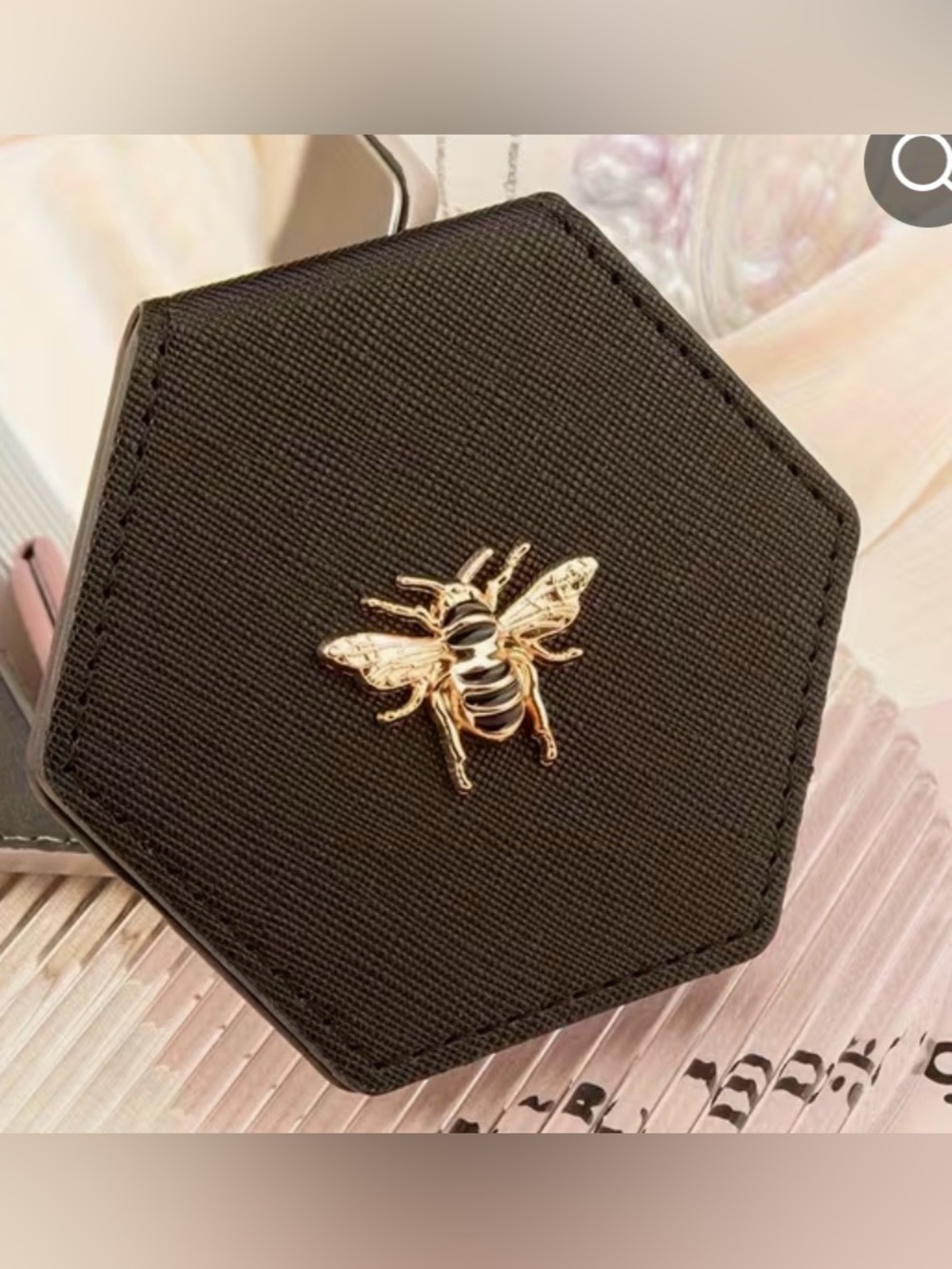 Black Hexagonal Women’s stand up compact mirror with Gold Bee Accent